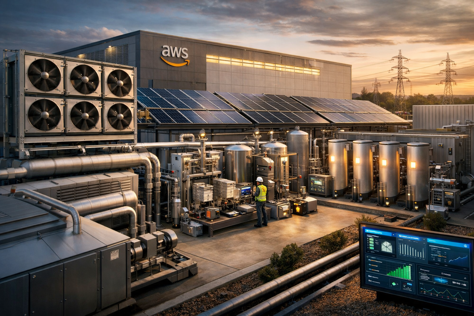 Realistic data center with HVAC waste-heat recovery driving direct air capture, CO₂ conversion, and fuel-cell power