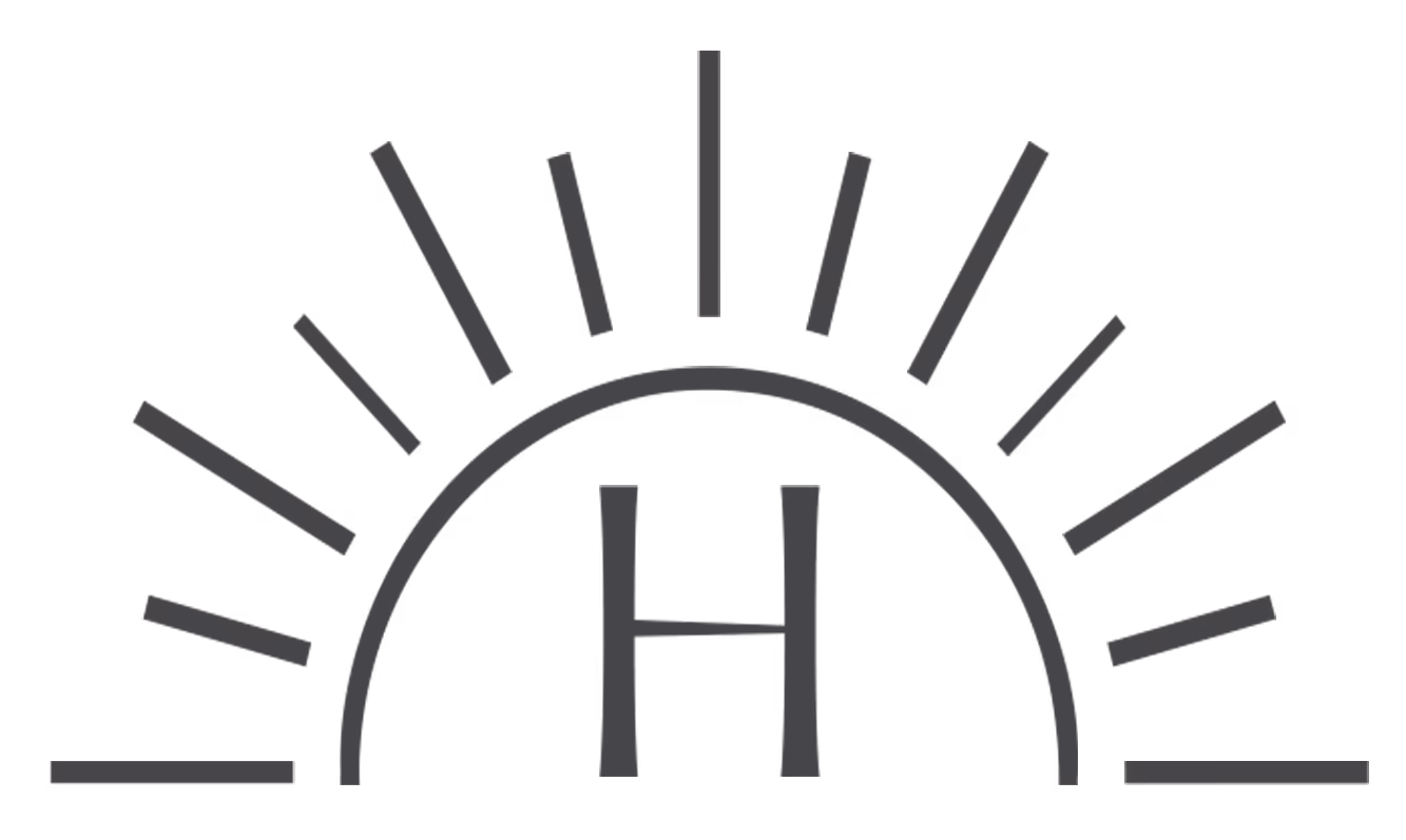A logo that shows an arch with small lines and the letter H