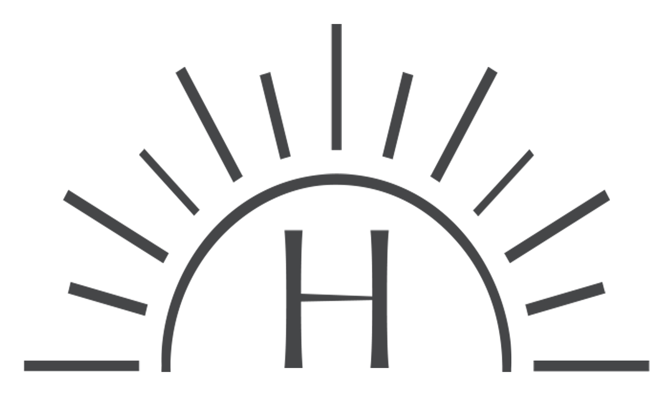 A logo that shows an arch with small lines and the letter H