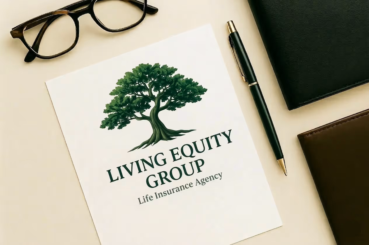 Paper with a green tree logo and text 'Living Equity Group Life Insurance Agency' alongside a black pen, black notebook, brown wallet, and brown eyeglasses.