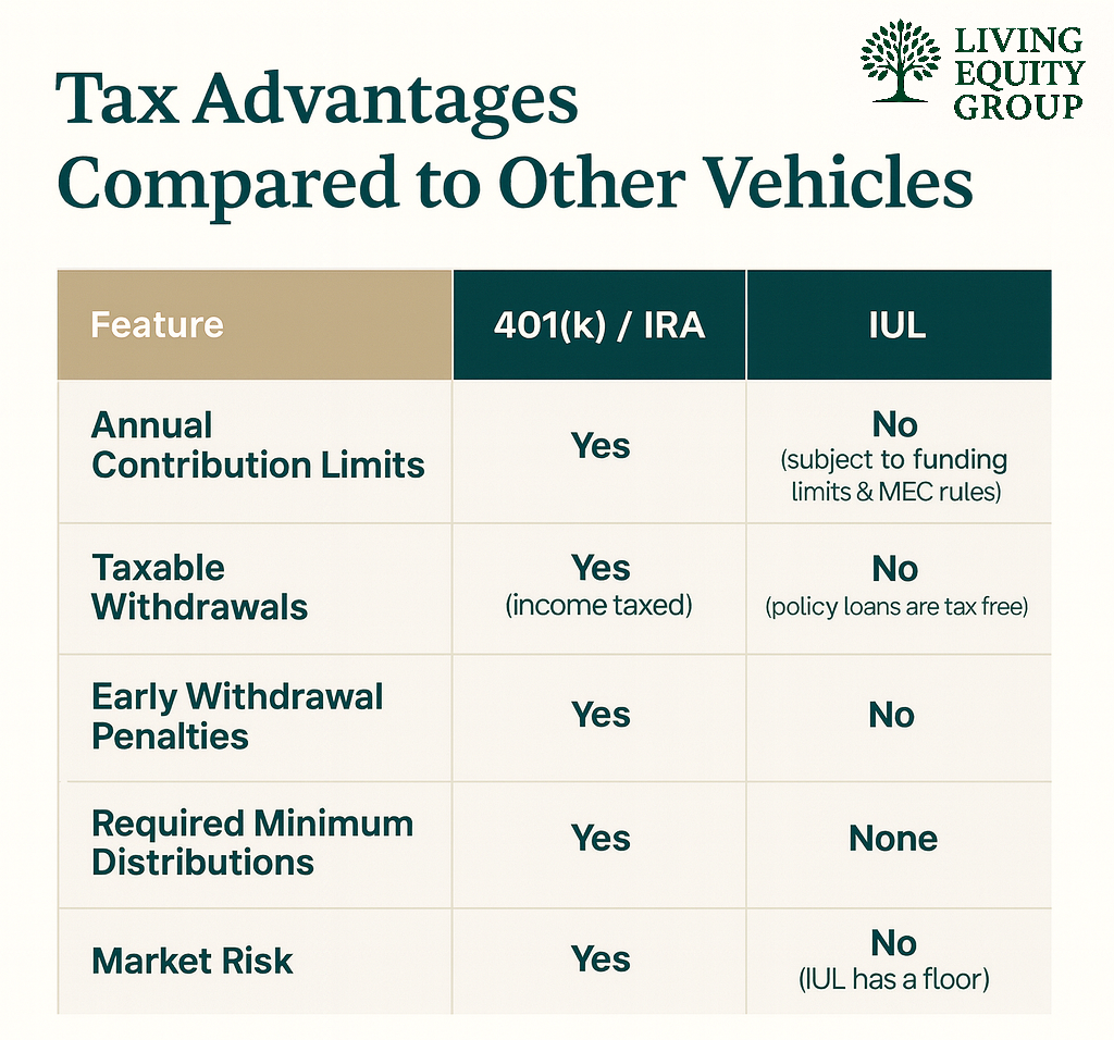 A table comparing the tax benefits of a 401k/IRA against an IUL 