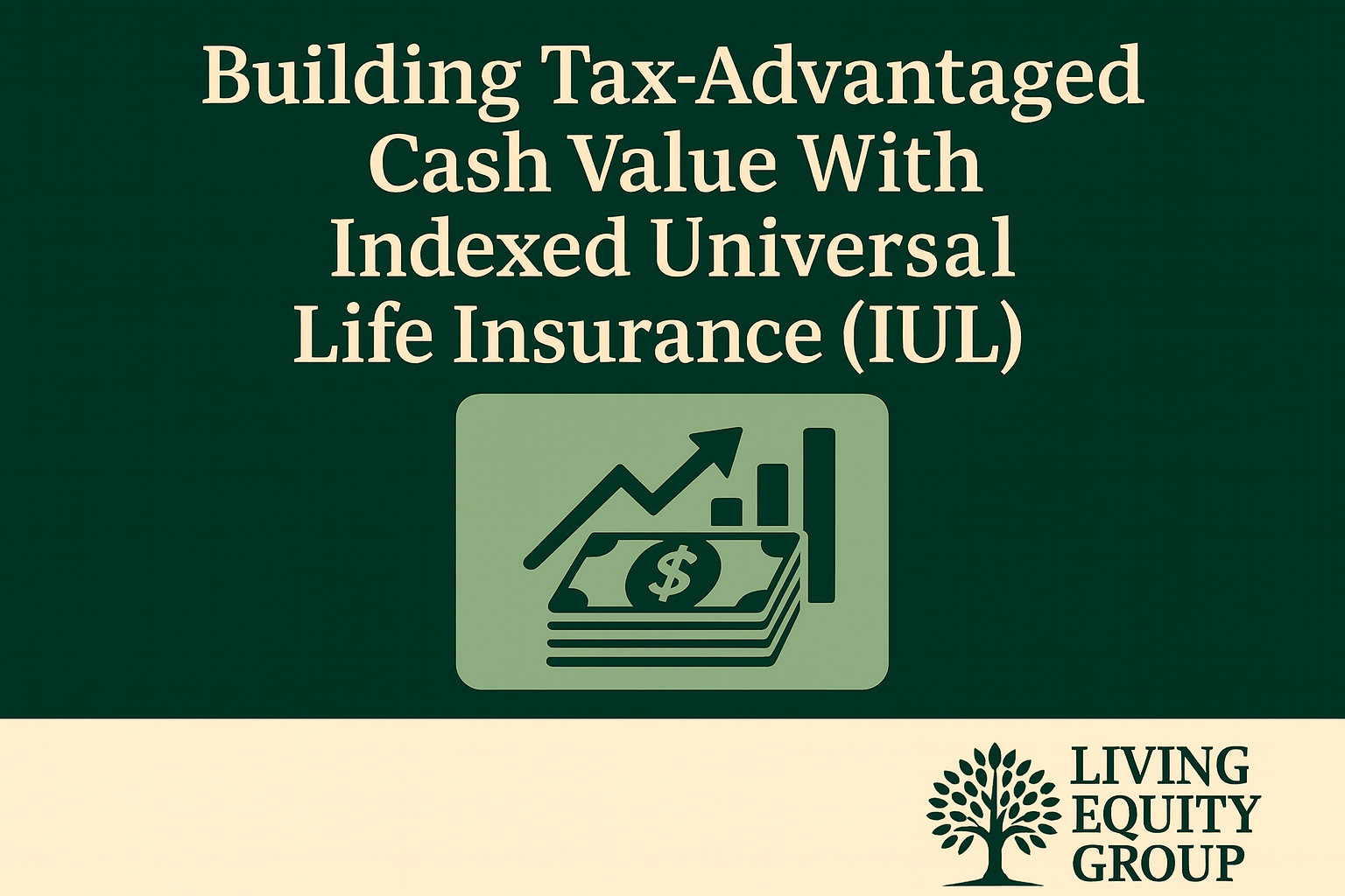 Blog header image for Living Equity Group titled ‘Building Tax-Advantaged Cash Value With Indexed Universal Life Insurance (IUL)’ with a dark green background and the Living Equity Group logo.