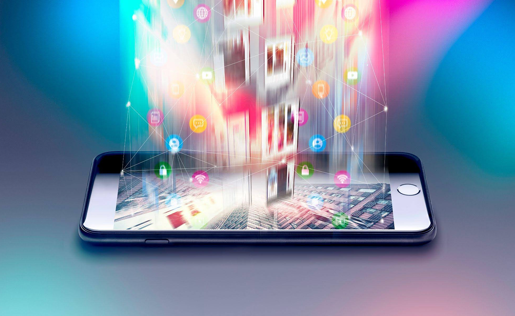 Smartphone lying flat with digital icons and images rising above the screen in a glowing network pattern.