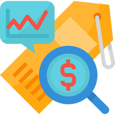Illustration of a magnifying glass with a red dollar sign over a yellow price tag and a graph with an upward trend in a speech bubble.