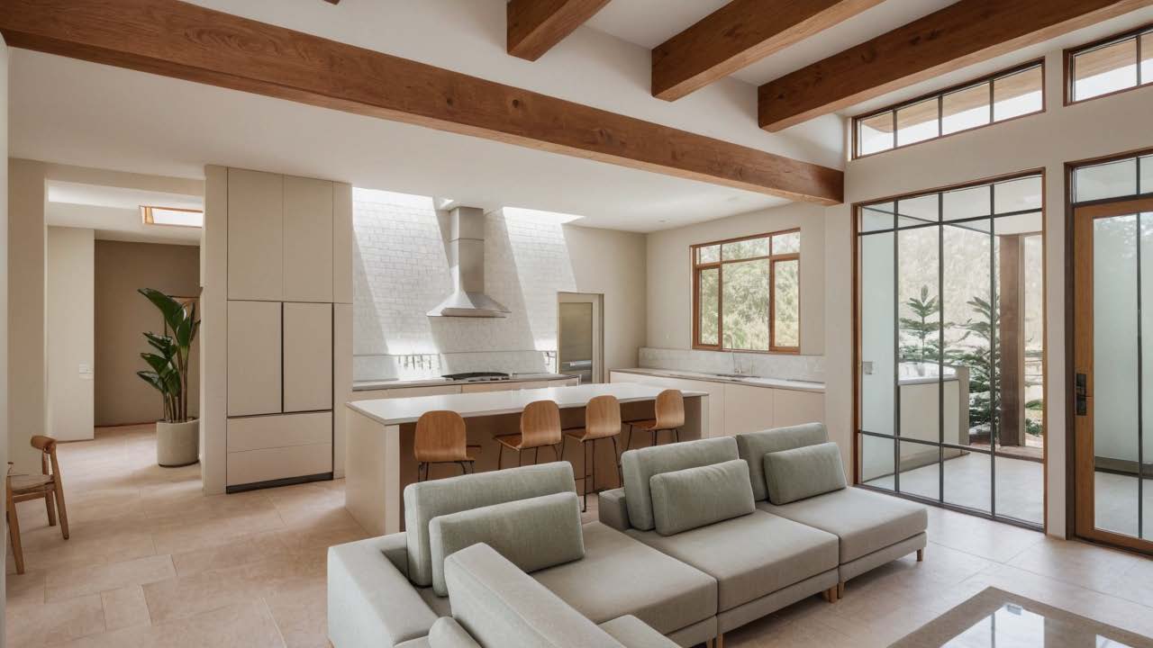 Modern single-story house with beige walls, black roof, front patio, small trees, and tall dry grass in the foreground under a partly cloudy sky.