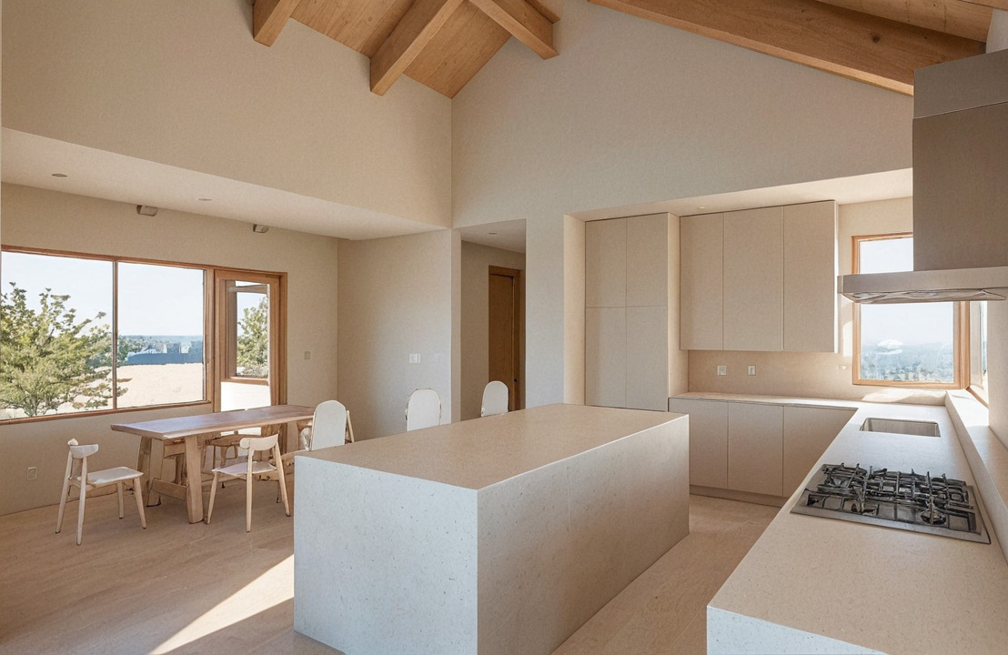 Modern single-story house with beige walls, black roof, front patio, small trees, and tall dry grass in the foreground under a partly cloudy sky.