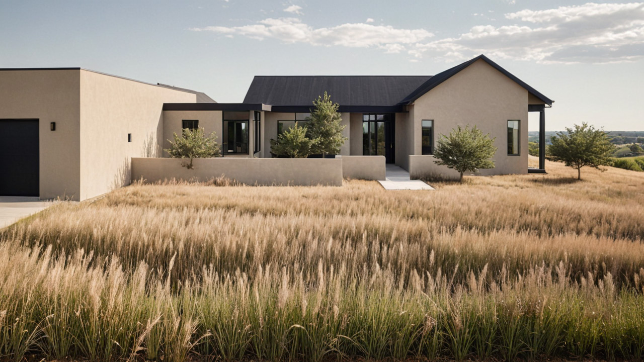 Modern single-story house with beige walls, black roof, front patio, small trees, and tall dry grass in the foreground under a partly cloudy sky.