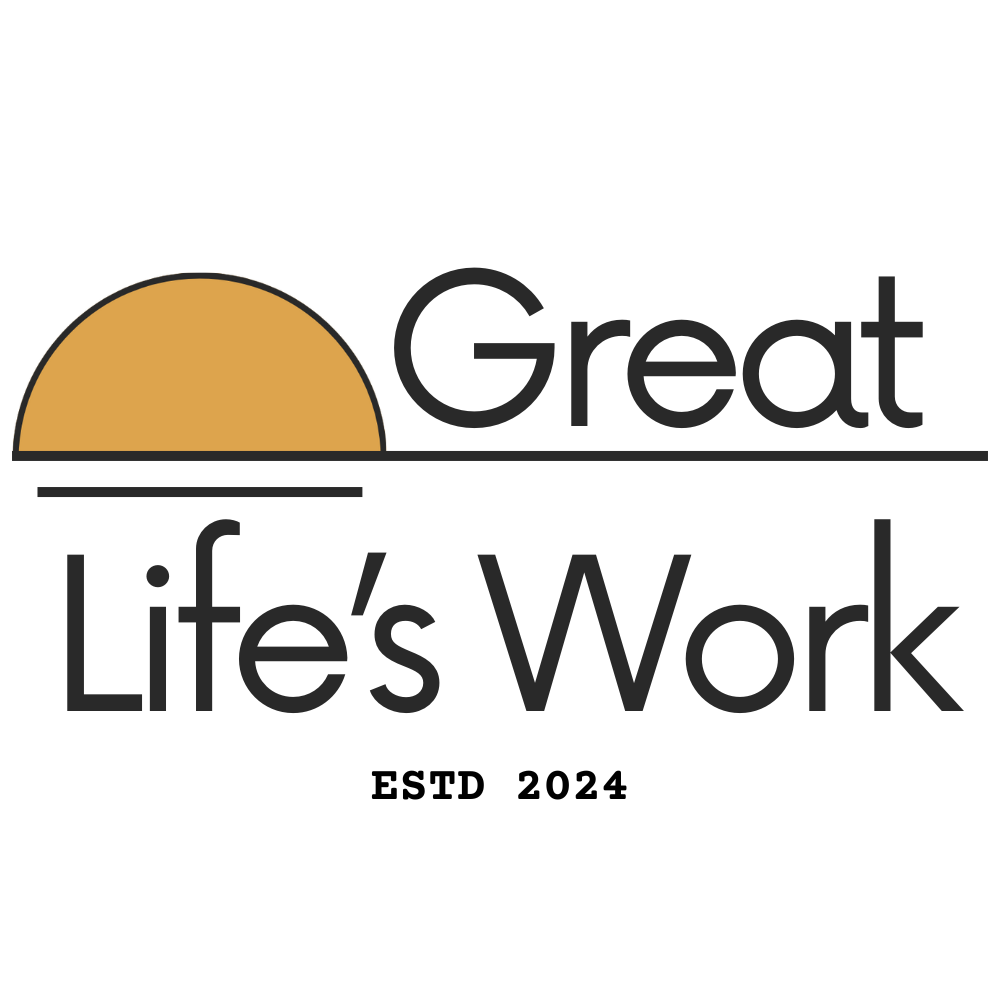 This horizontal version of the Great Life’s Work logo features a clean, modern font and is used across various digital and print media to reinforce the brand identity.