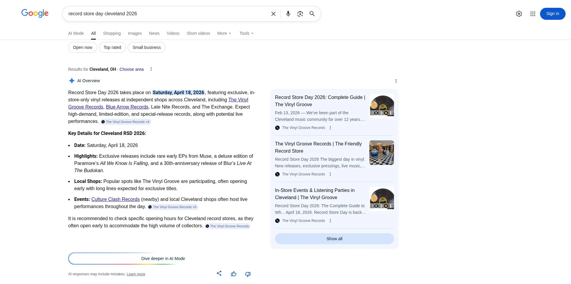 Google AI Overview for Record Store Day 2026 Cleveland citing The Vinyl Groove Records as primary source