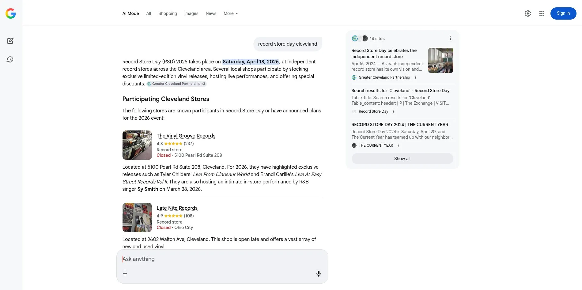 Google AI Mode listing The Vinyl Groove Records first for Record Store Day Cleveland with event details