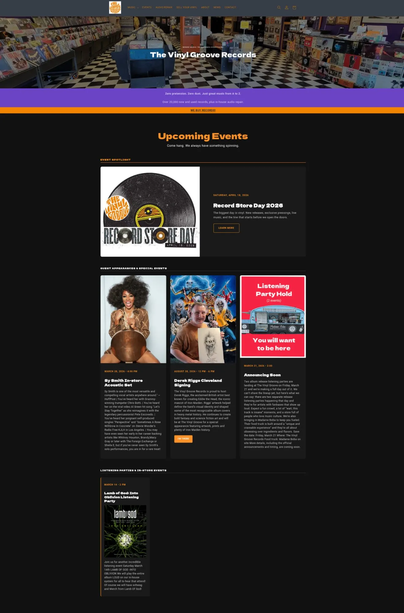 The Vinyl Groove events page showing three-tier event marketing system built in Shopify