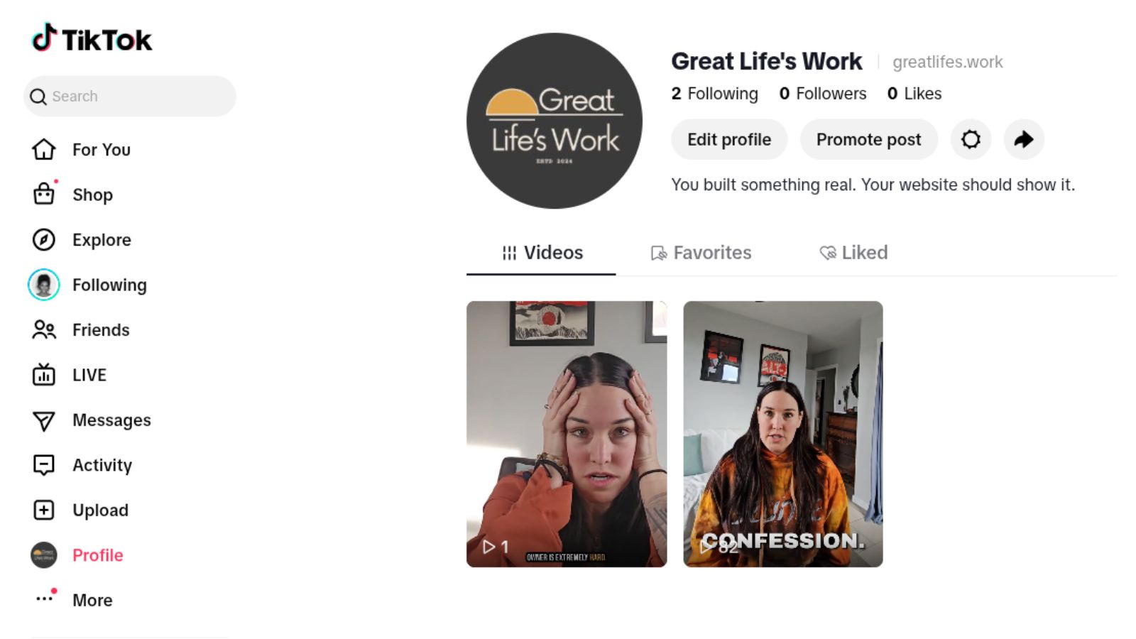 Small business owner TikTok profile for Great Life's Work showing first two videos posted