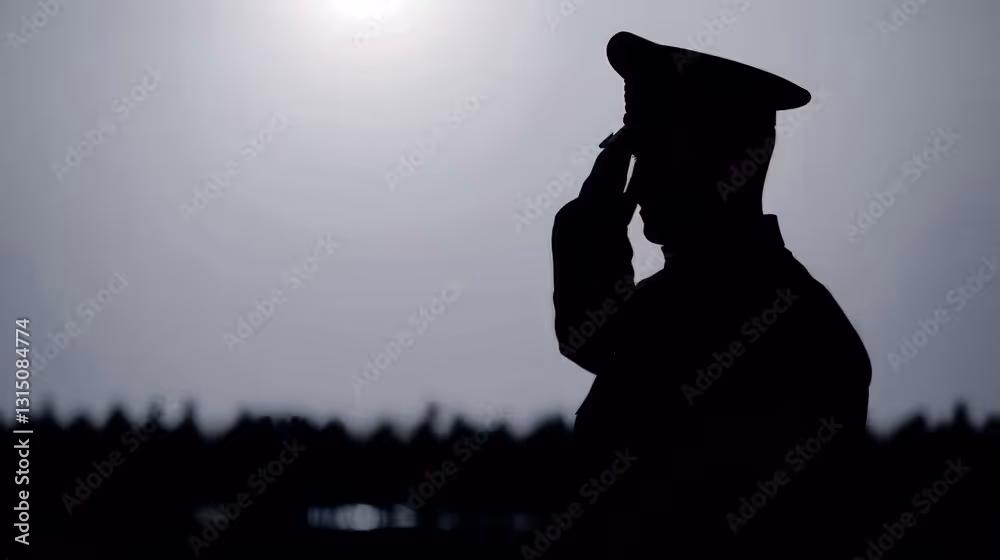 Silhouette of a uniformed police officer saluting at sunset