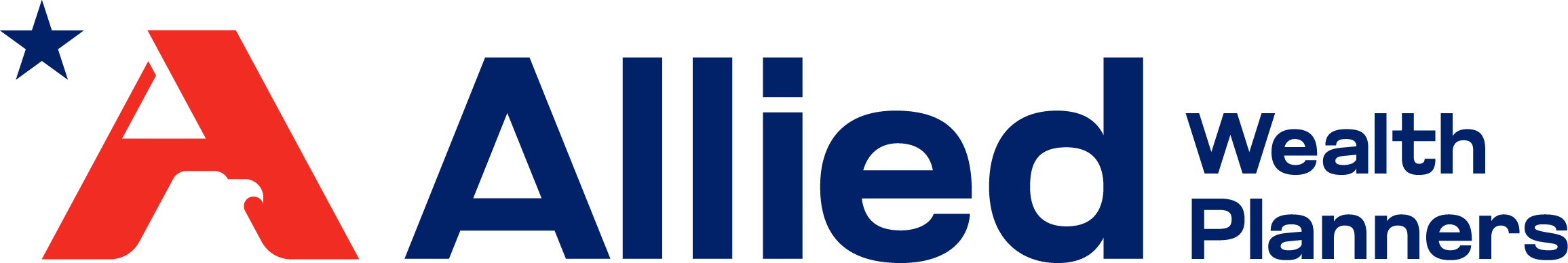 Allied wealth planners wright in navy, logo with red letter A and an eagle stylized eagle inside A, with blue star in the left side