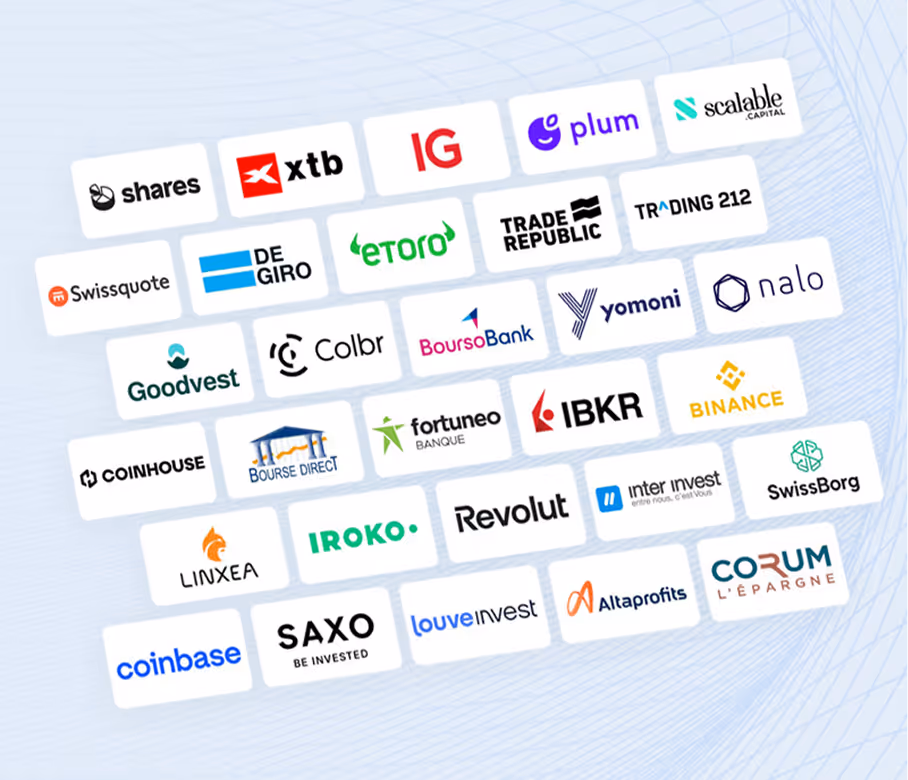 Montage de logos de différentes plateformes d’investissement et de finance, dont Binance, eToro, Revolut et Coinbase