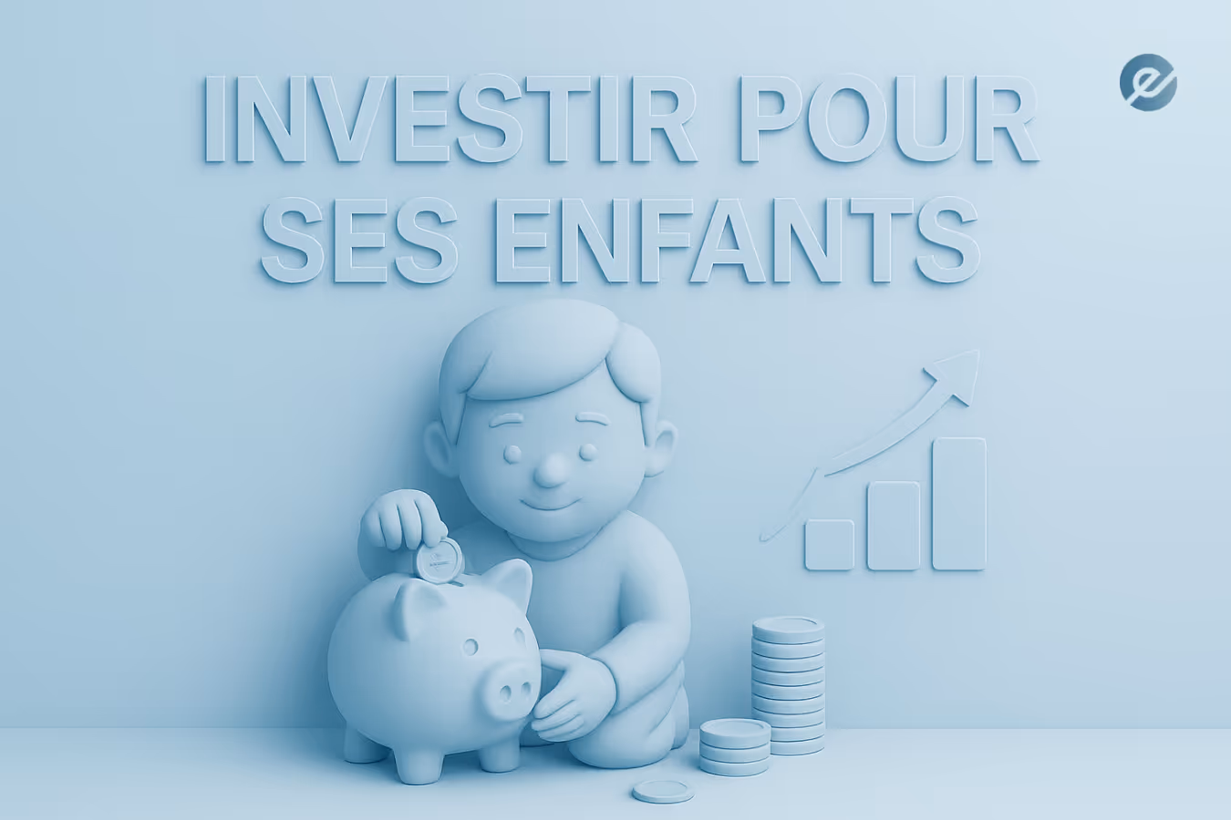 Illustration 3D minimaliste en bleu pastel représentant un enfant plaçant une pièce dans une tirelire en forme de cochon, avec des piles de monnaie au sol et le titre « Investir pour ses enfants » en haut de l’image.