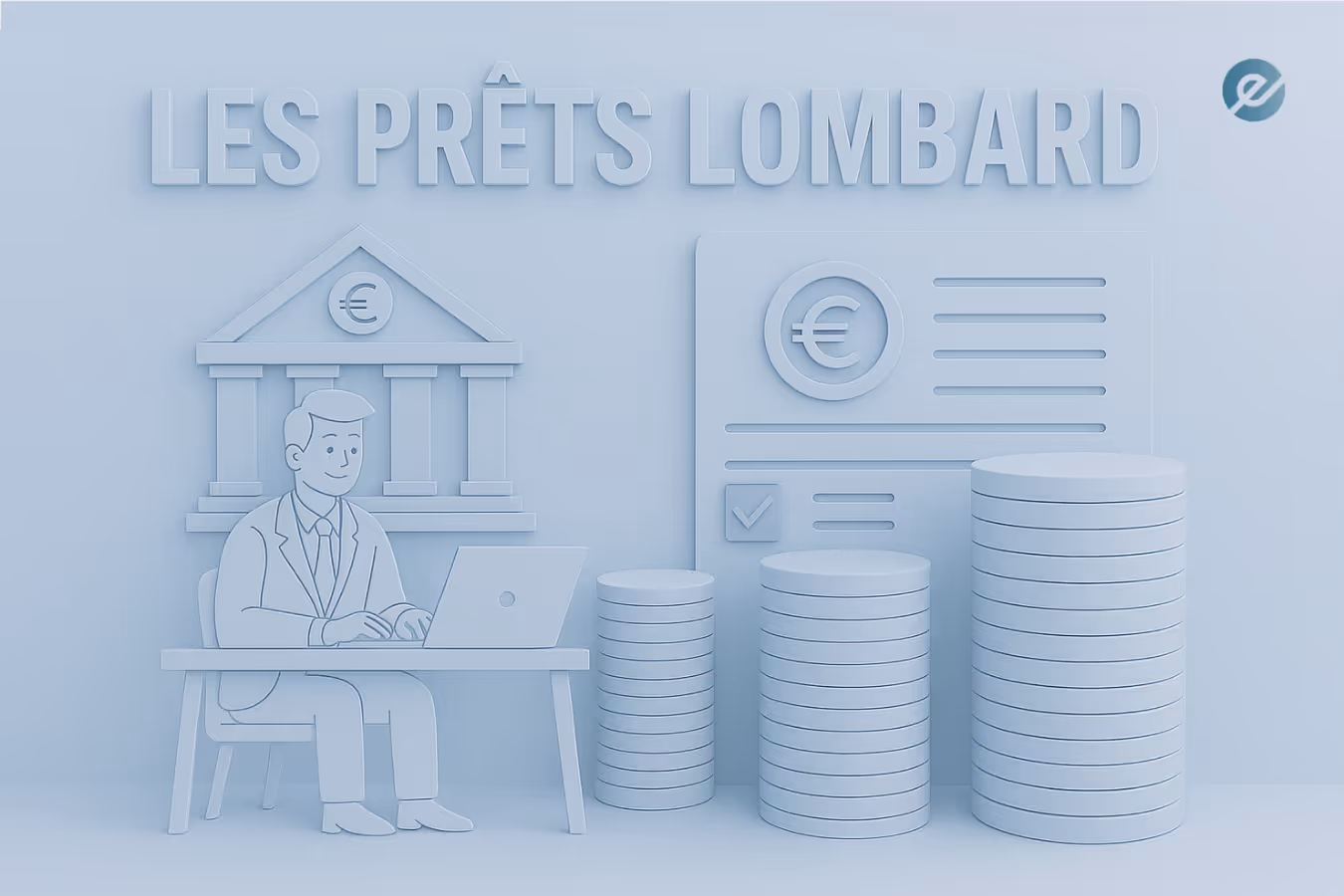 Illustration de prêt Lombard avec banque, contrat et piles de pièces.