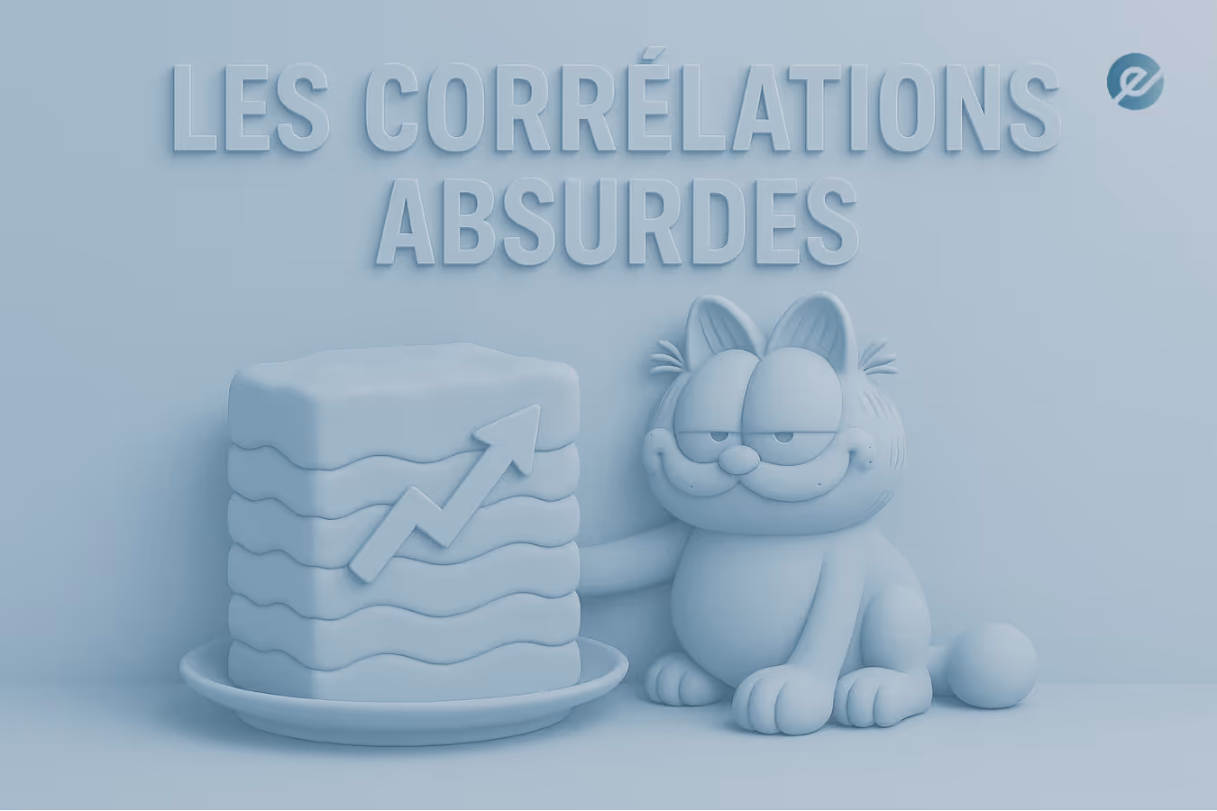 Illustration humoristique d’une corrélation absurde avec un personnage de chat souriant à côté d’un plat de lasagnes en forme de graphique boursier