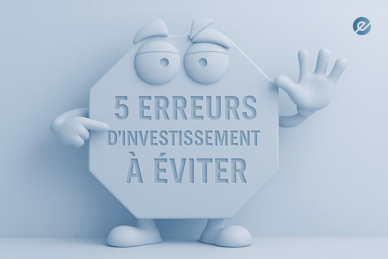 Illustration 3D humoristique d’un personnage tenant un panneau indiquant « 5 erreurs d’investissement à éviter », visuel pour article finance personnelle et bourse.