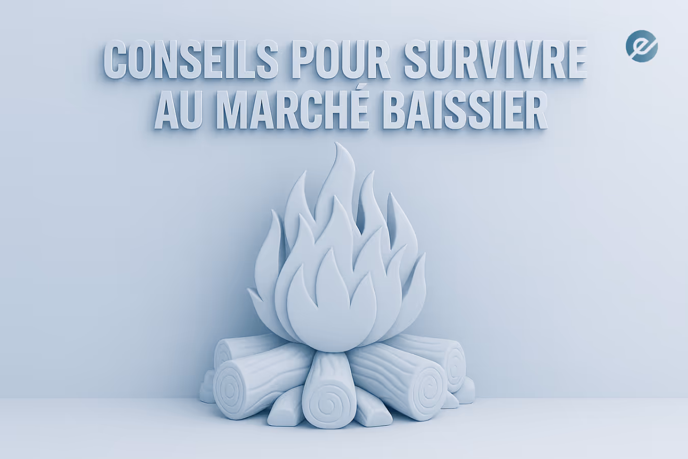 Illustration stylisée d’un feu de camp en 3D monochrome bleu, accompagnée du texte « Conseils pour survivre au marché baissier ».