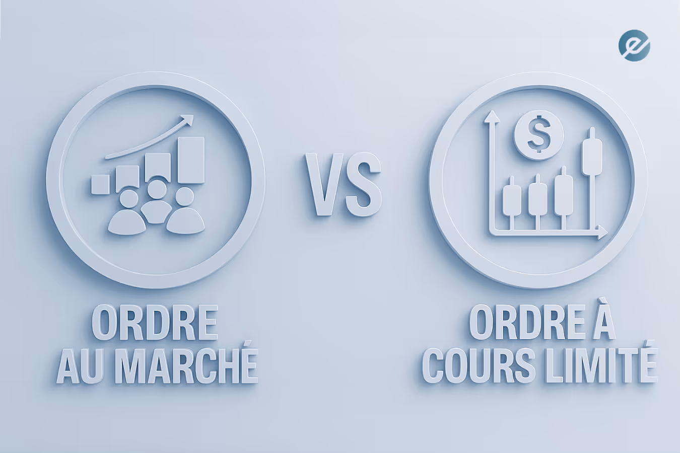 Comparaison entre ordre au marché et ordre à cours limité en bourse, avec icônes de graphique haussier et chandeliers japonais pour illustrer le trading.