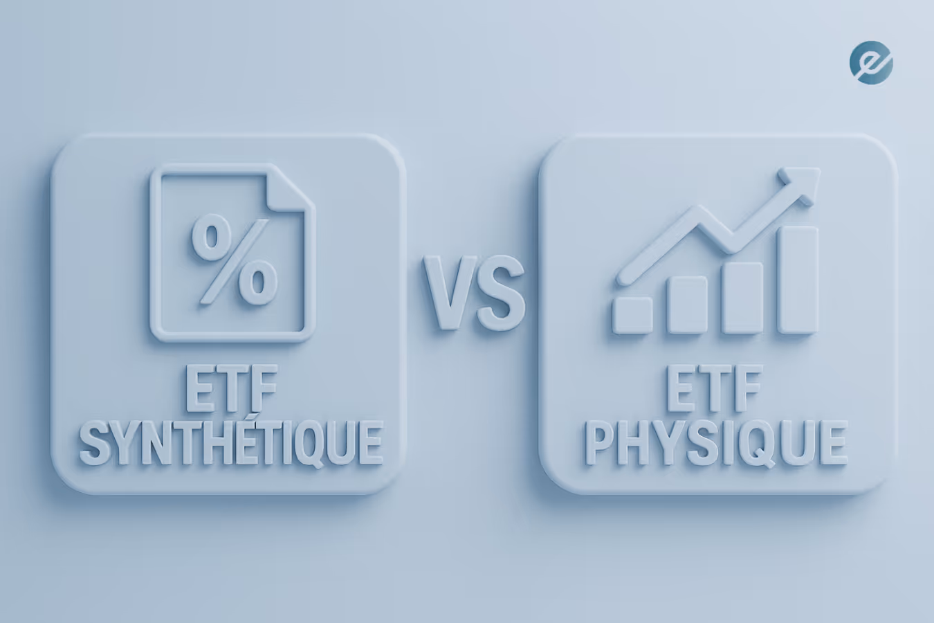 Illustration comparant ETF synthétiques et ETF physiques avec icônes financières.