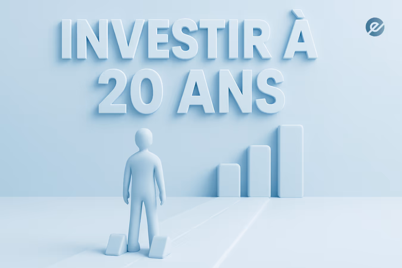 Image minimaliste en 3D représentant une silhouette humaine faisant face à une croissance financière symbolisée par quatre barres ascendantes, avec le texte "Investir à 20 ans" en grand. L’illustration évoque le début de la vie d’investisseur, la construction de patrimoine dès le jeune âge, ainsi que l’importance d’une stratégie financière long terme.