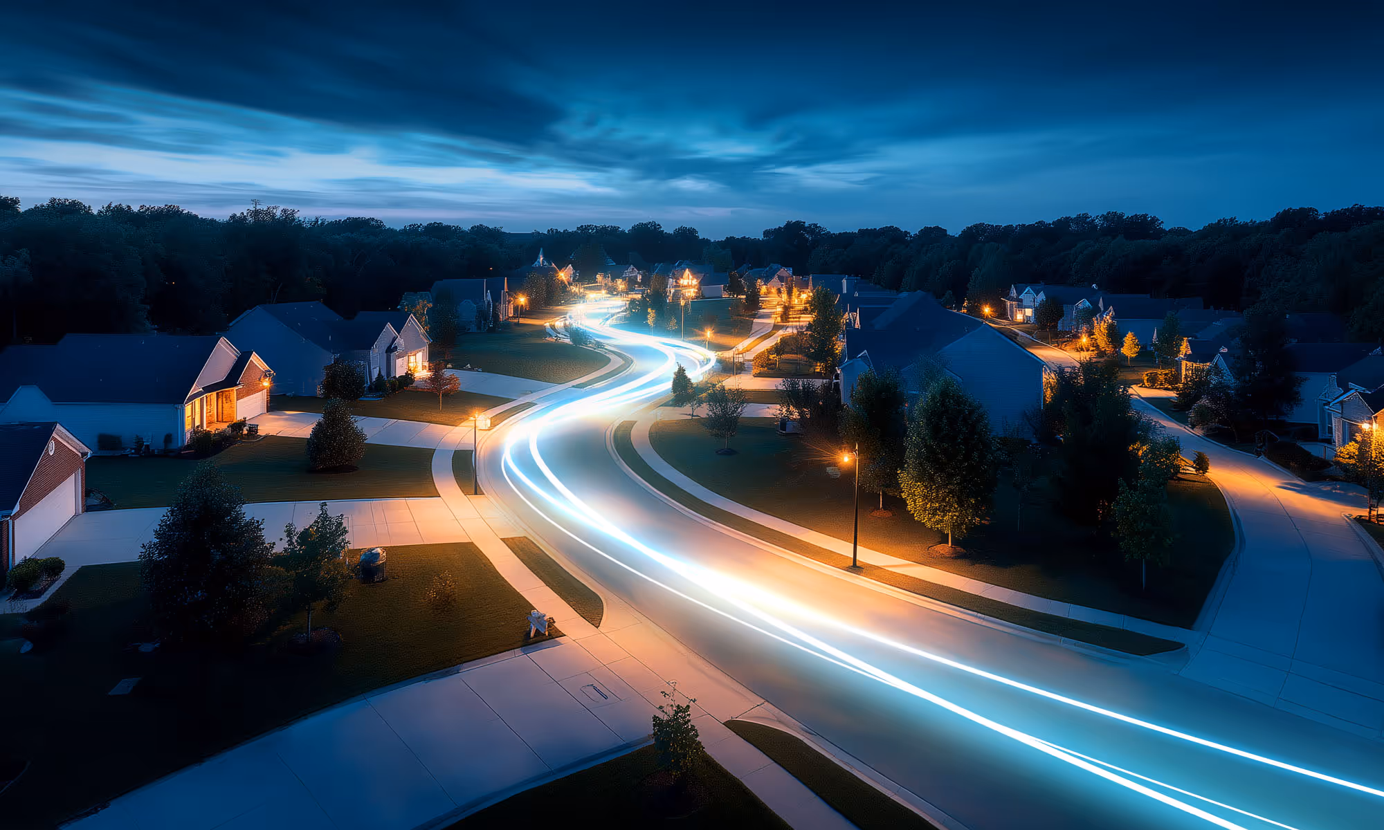 A residential street with glowing digital highway