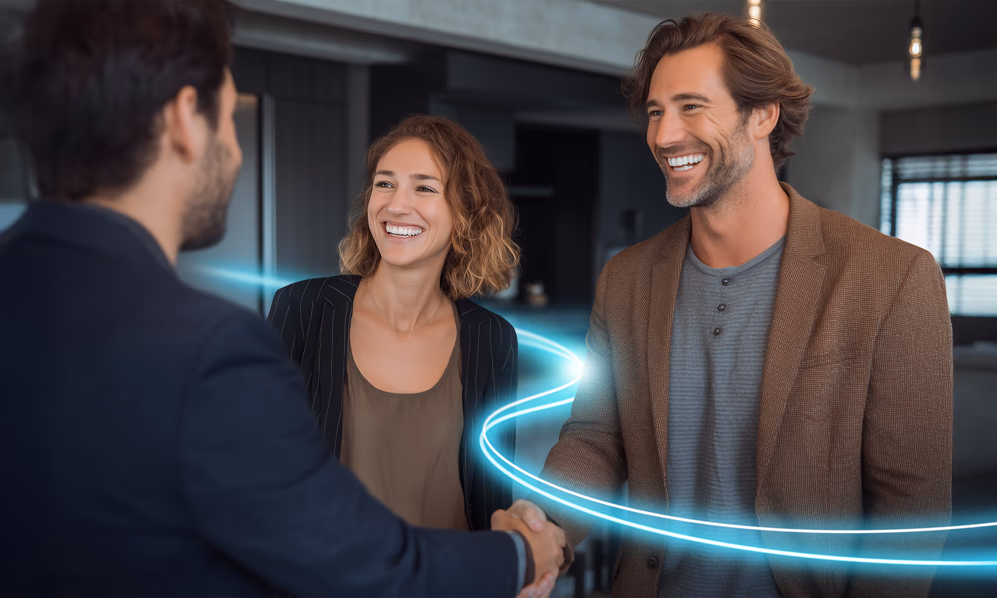 A happy couple talking with an estate agent