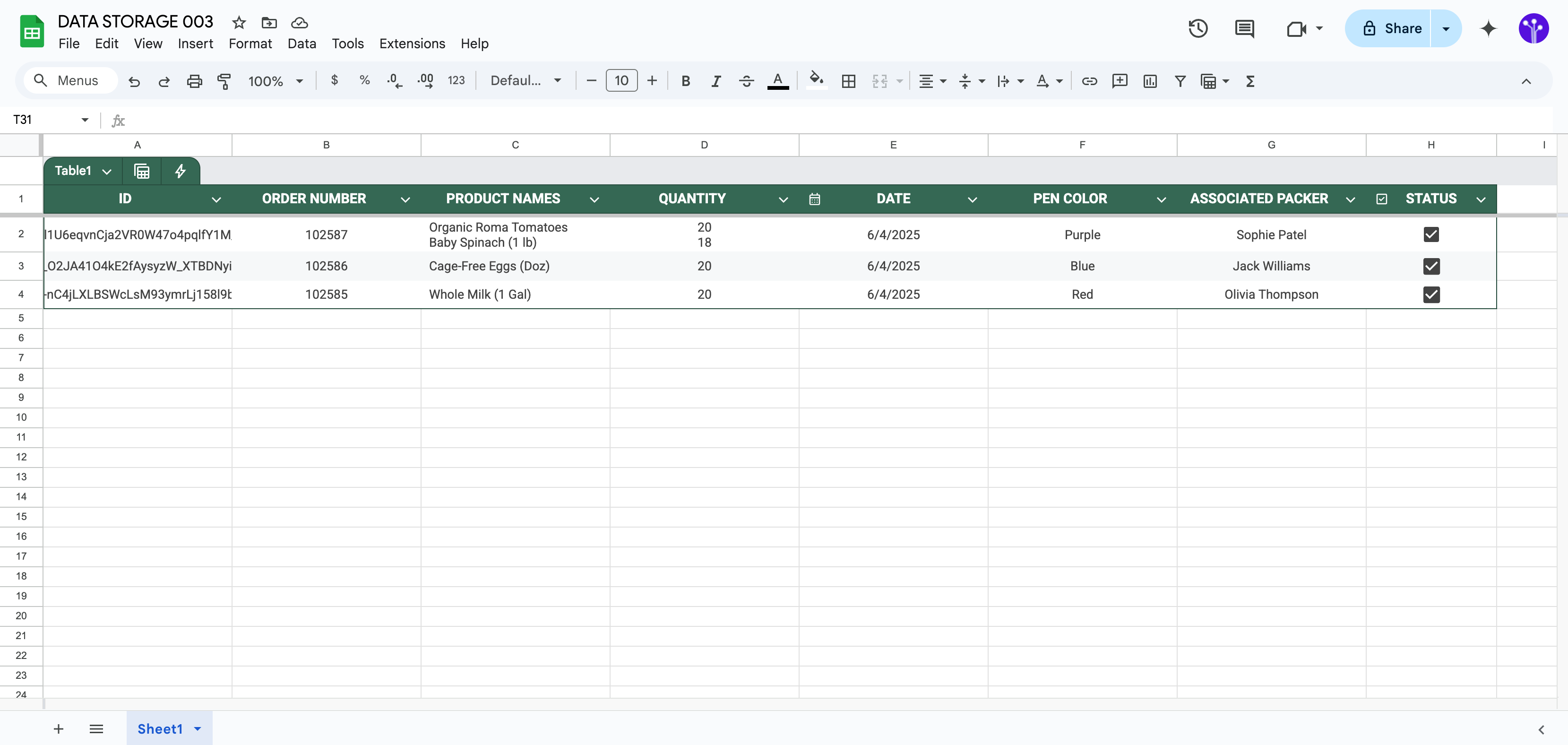 Google Sheet containing completed order data with columns for ID, order number, product names, quantity, date, pen color, associated packer, and status, with all entries marked as completed.
