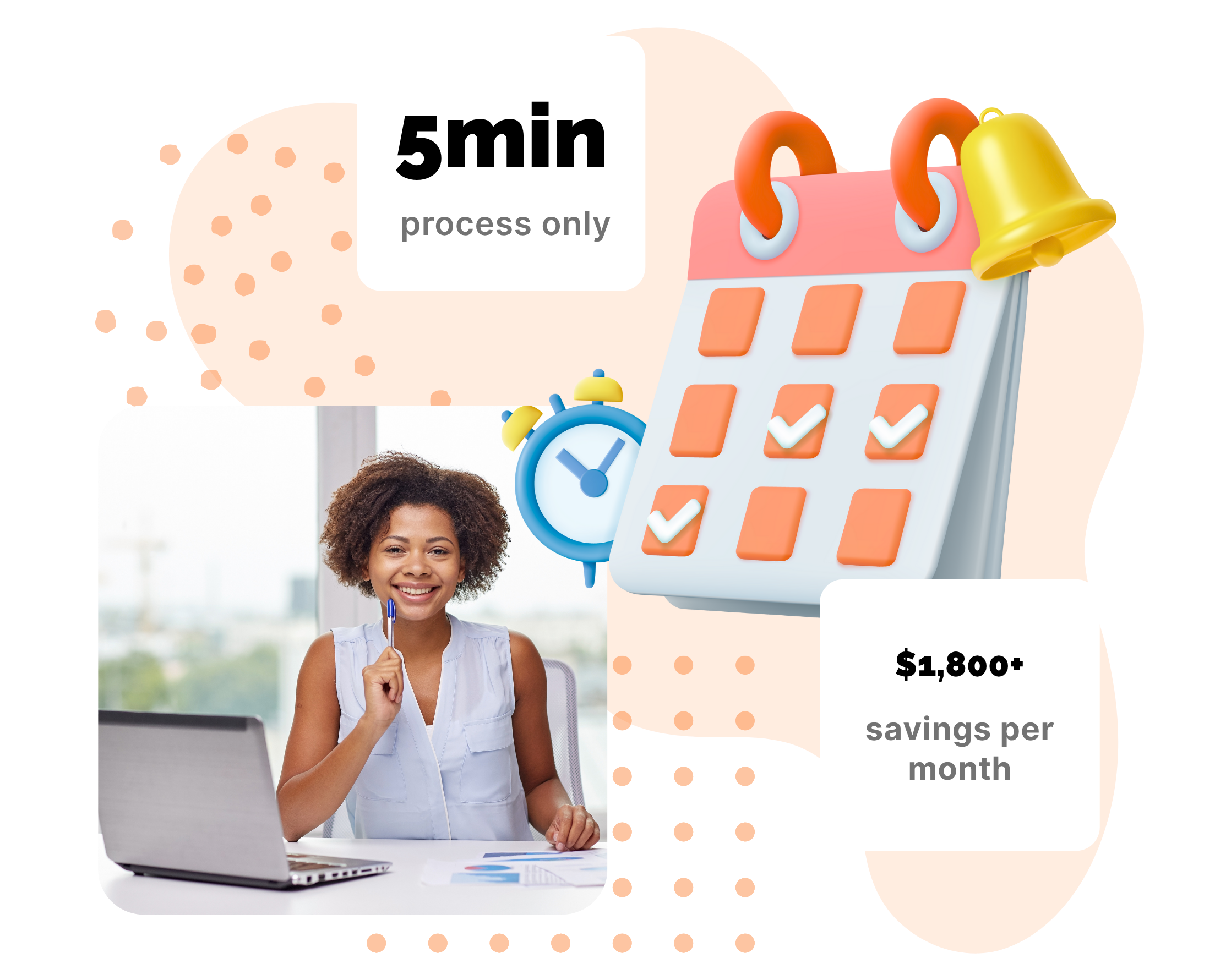 Smiling professional using a laptop with visuals showing a 5-minute process, calendar checklist, and $1,800 monthly savings from automation