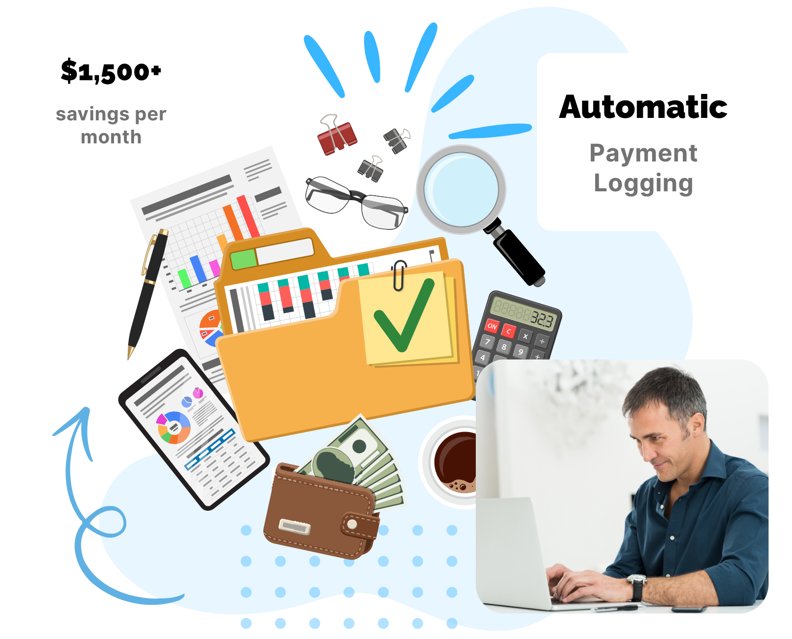 isual showing hotel booking automation benefits with 90% less manual work and $1,000+ monthly savings, featuring a 3D traveler booking on a phone and a woman working on a laptop.