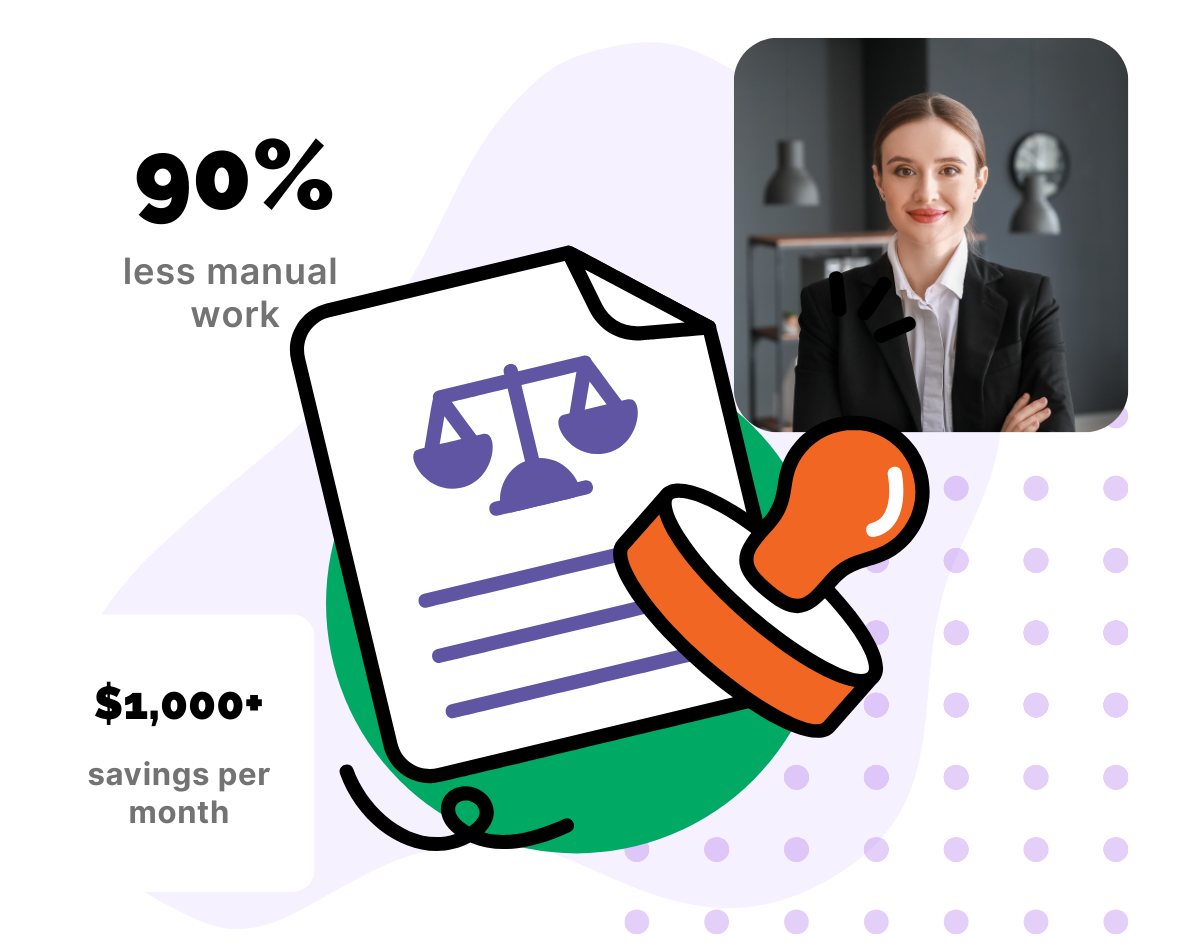 Graphic showing a smiling man with laptop surrounded by floating heart icons, with text “95% less time wasted” and “$1k+ savings per month.