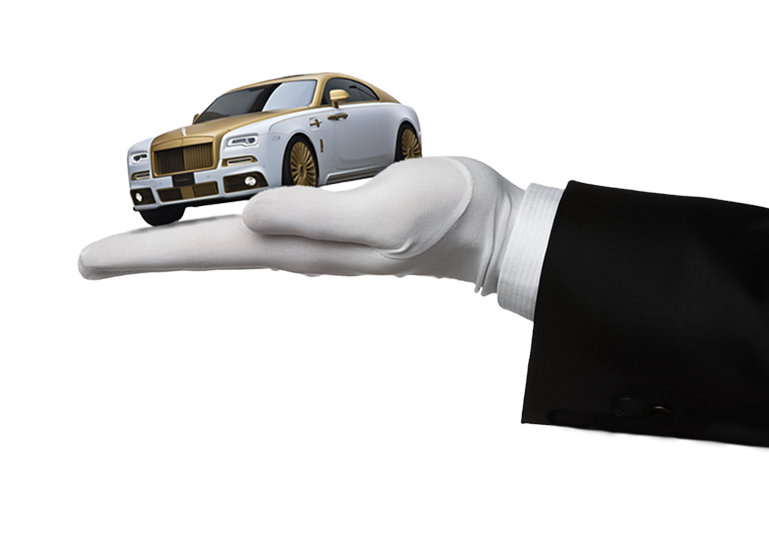 White-gloved hand holding a small model luxury car, symbolizing Rivalane's White Glove auto transport service