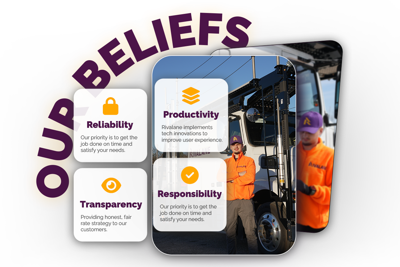 Graphic titled 'Our Beliefs' with four value statements: Reliability, Transparency, Productivity, and Responsibility, beside an image of a man in an orange jacket standing in front of a truck.