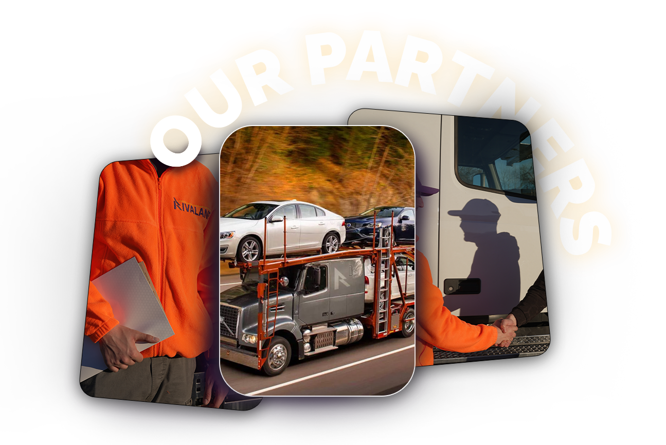 Three images: a person in an orange jacket holding a document, a car carrier truck transporting cars, and two people shaking hands next to a truck door, with the text 'OUR PARTNERS' above.