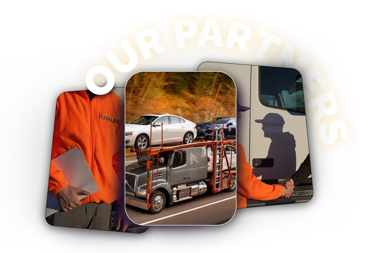 Three images: a person in an orange jacket holding a document, a car carrier truck transporting cars, and two people shaking hands next to a truck door, with the text 'OUR PARTNERS' above.