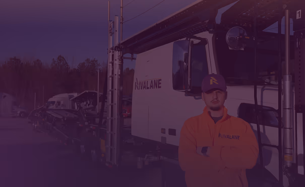Man in orange Rivalane jacket and purple cap standing with arms crossed in front of a Rivalane truck.