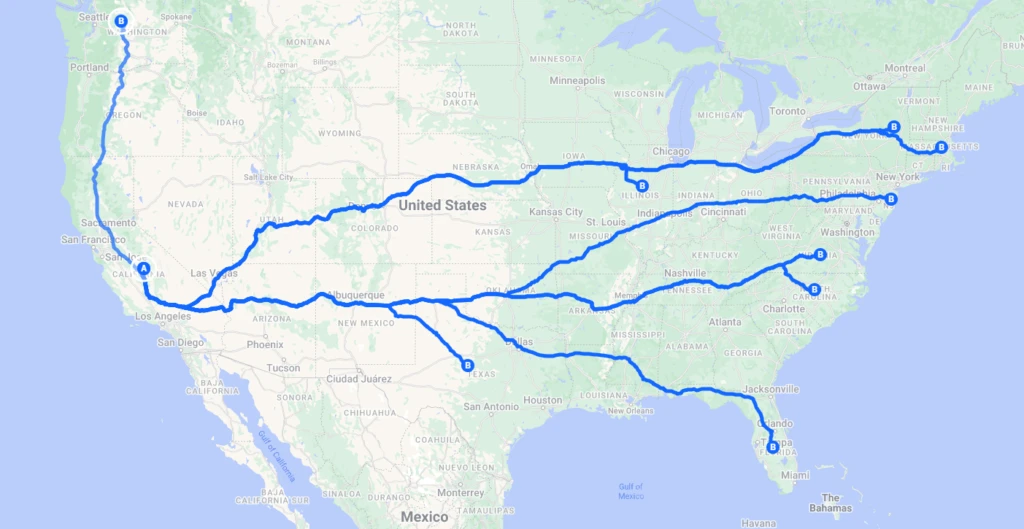 Map of the United States showing several blue route lines connecting a start point in Southern California to multiple destinations across the country including Washington state, Texas, New England, the Southeast, and the East Coast.