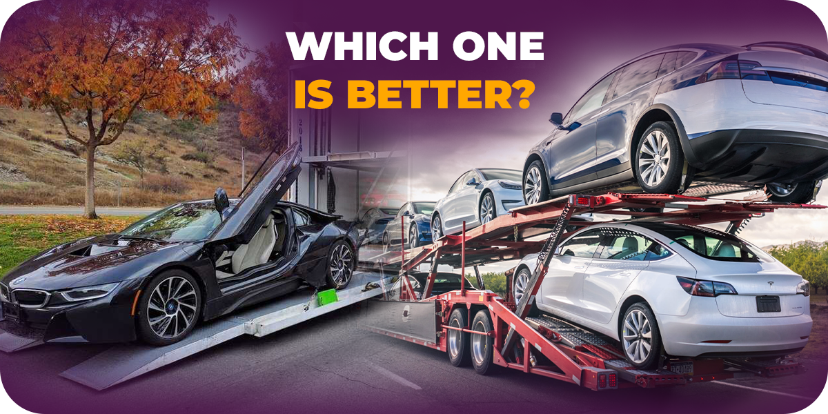 Black luxury sports car with open door on a tow truck juxtaposed with multiple white Tesla electric cars being transported on a red car carrier, overlaid with text 'Which one is better?'