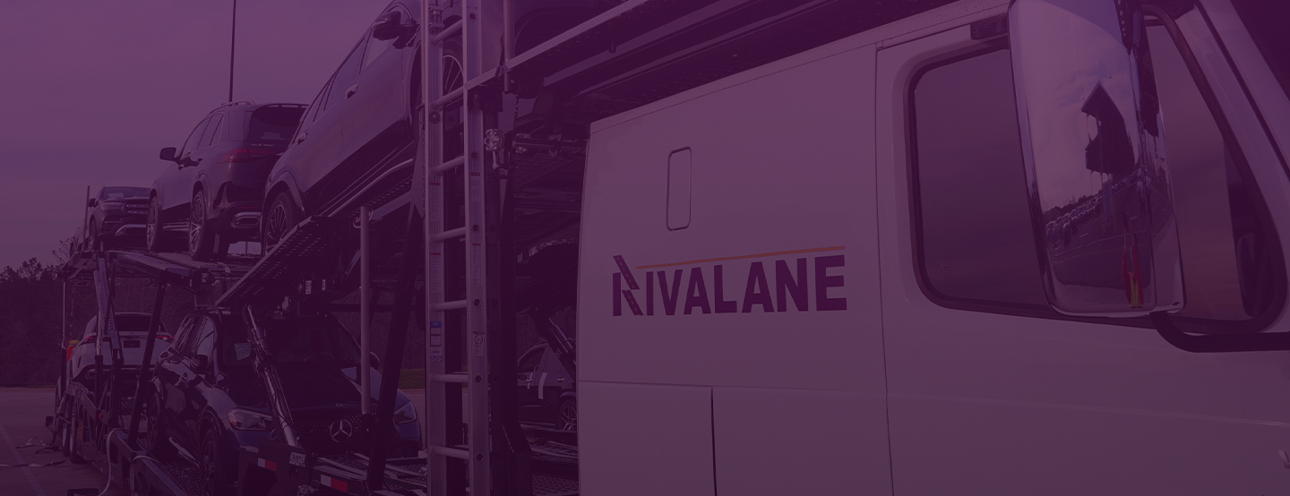 Car carrier truck loaded with multiple vehicles parked outdoors near trees.