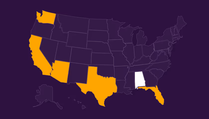 Map of the United States with the states California, Arizona, Texas, Florida, and Washington highlighted in orange and Alabama highlighted in white.