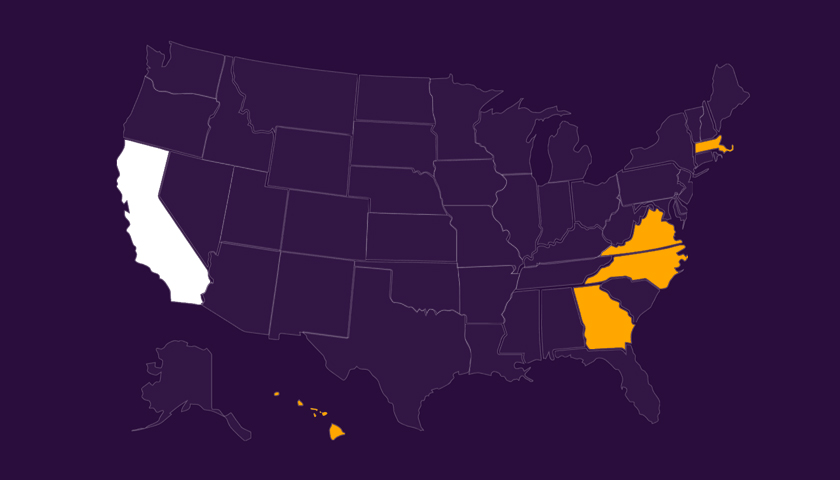 Map of the United States highlighting California in white and Massachusetts, Virginia, Georgia, and Hawaii in orange on a dark purple background.