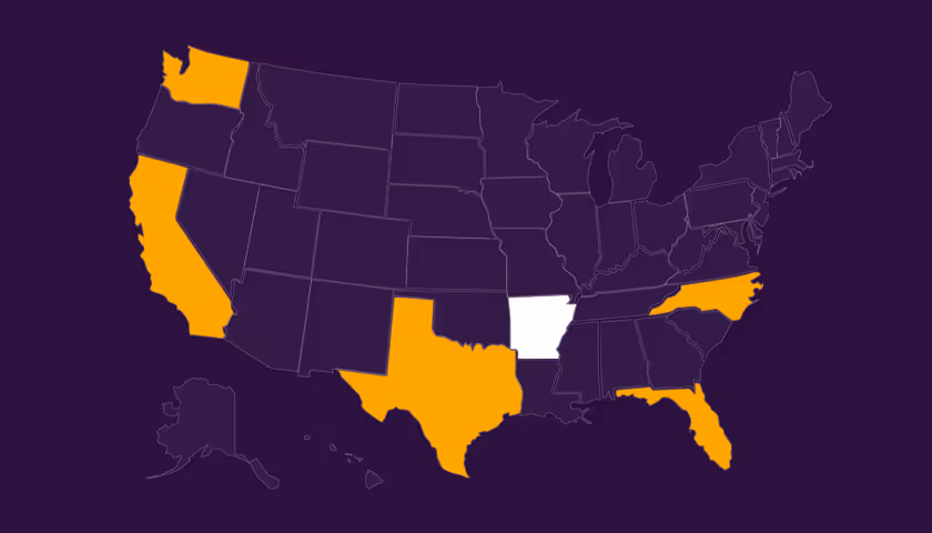 Map of the United States with Arkansas highlighted in white and California, Washington, Texas, Florida, and North Carolina highlighted in orange.