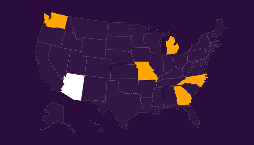 Map of the United States with Arizona highlighted in white and Washington, Michigan, Missouri, North Carolina, and Georgia highlighted in orange.