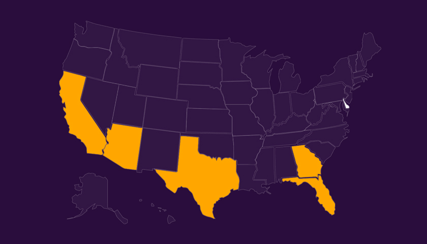 Map of the United States with California, Arizona, Texas, Florida, Georgia, and Delaware highlighted in orange and white on a dark purple background.