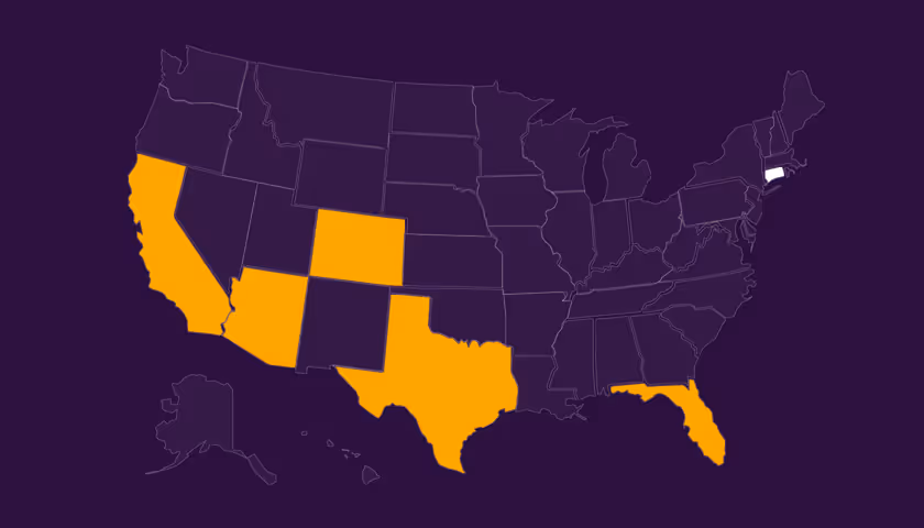 Map of the United States with California, Arizona, New Mexico, Colorado, Texas, and Florida highlighted in orange on a dark purple background.