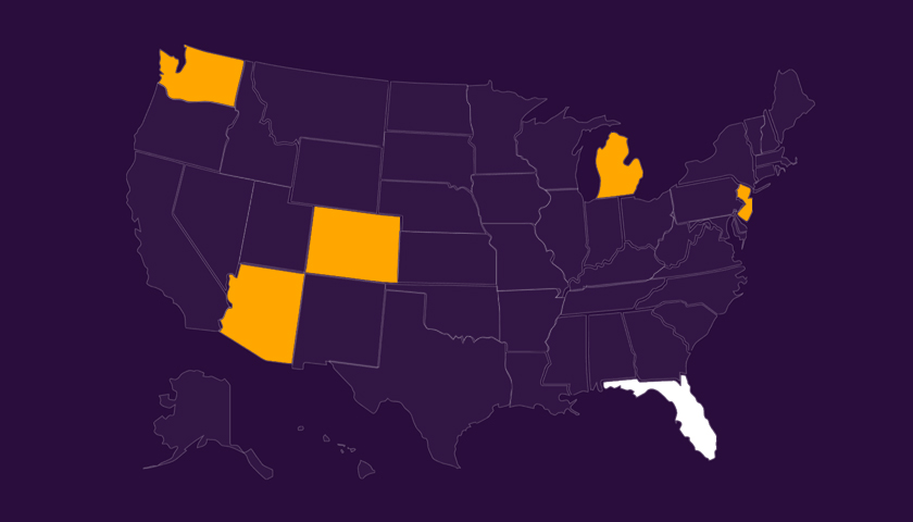 Map of the United States with Florida highlighted in white and Washington, Colorado, Arizona, Michigan, and New Jersey highlighted in orange.