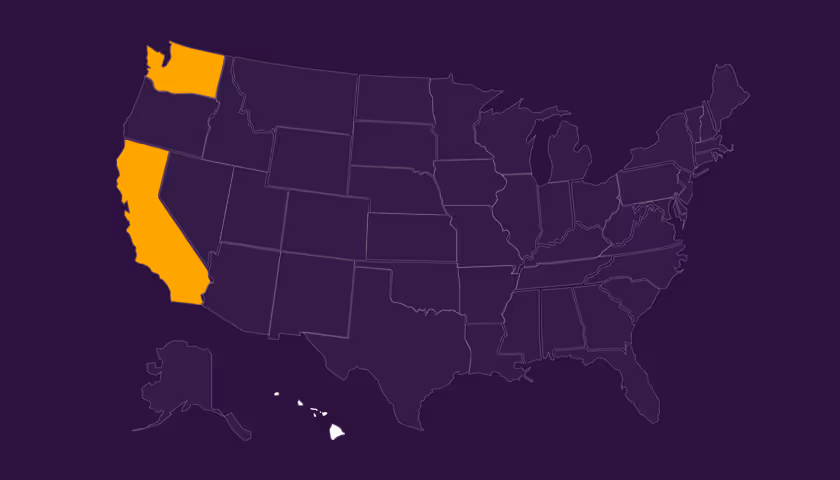 Map of the United States with Washington and California highlighted in orange and Hawaii shown in white.