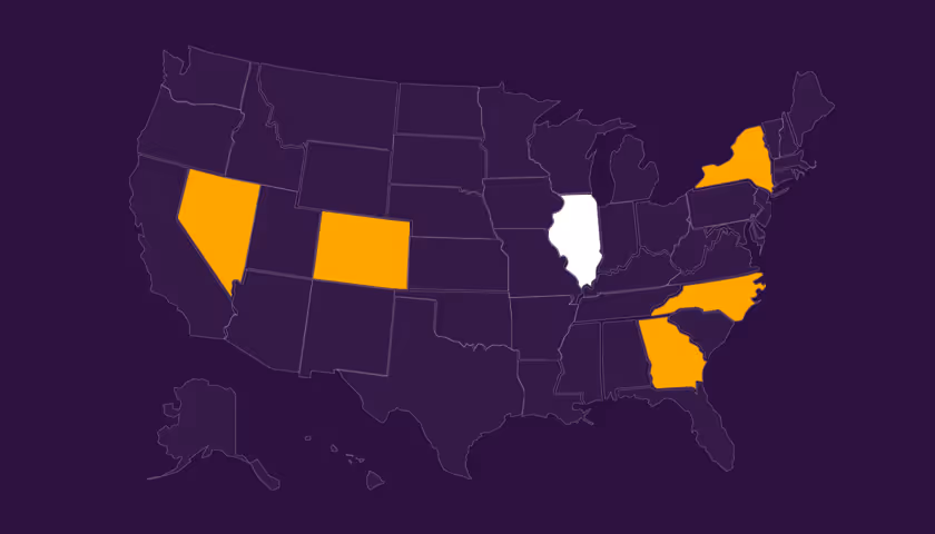 Map of the United States with Illinois highlighted in white and Nevada, Colorado, New York, North Carolina, and Georgia highlighted in orange.